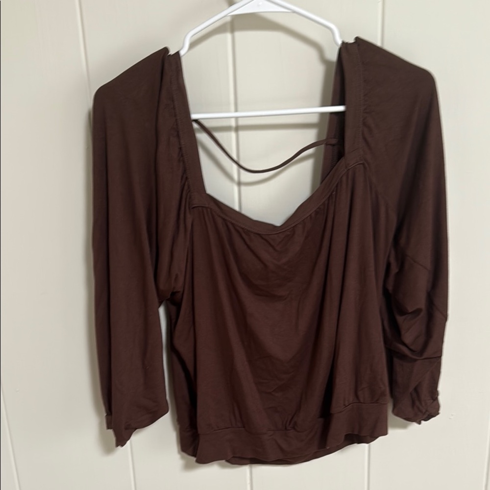 Ava Sky Brown Square Neckline 3/4 Sleeve Blouse